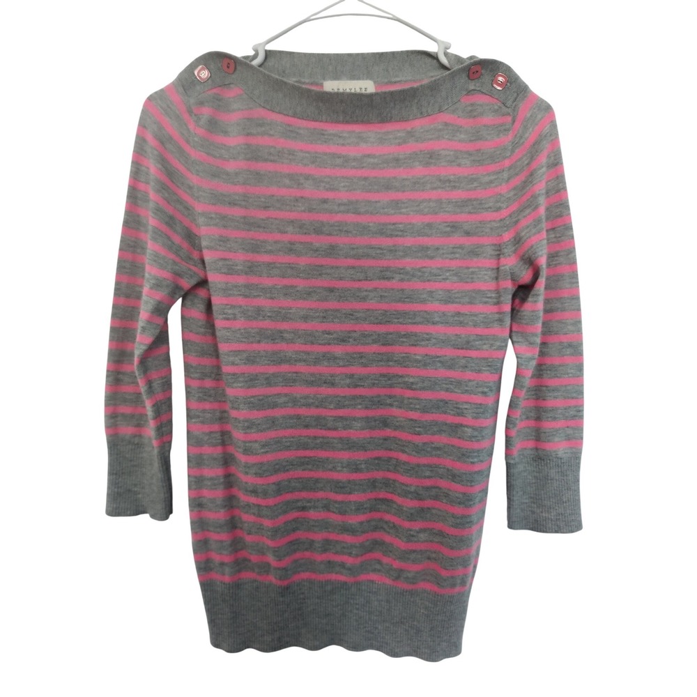 Demylee New York Gray Pink Striped 100%‎ Cashmere Boat Neck Sweater Small